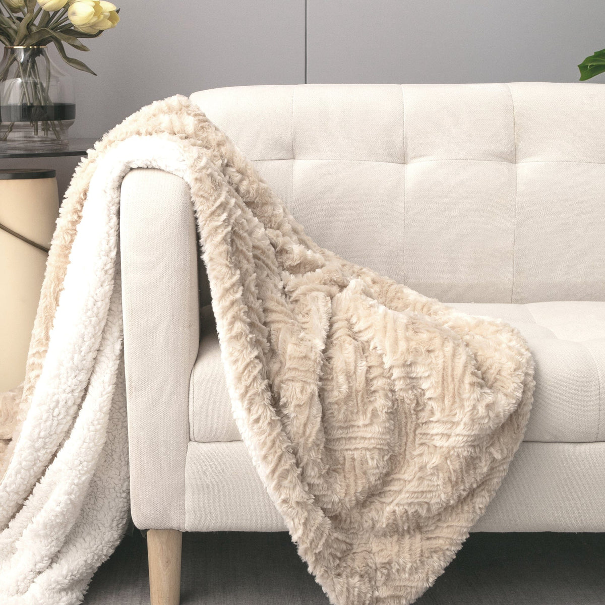 Champagne Ivory Faux Fur Throw Blanket